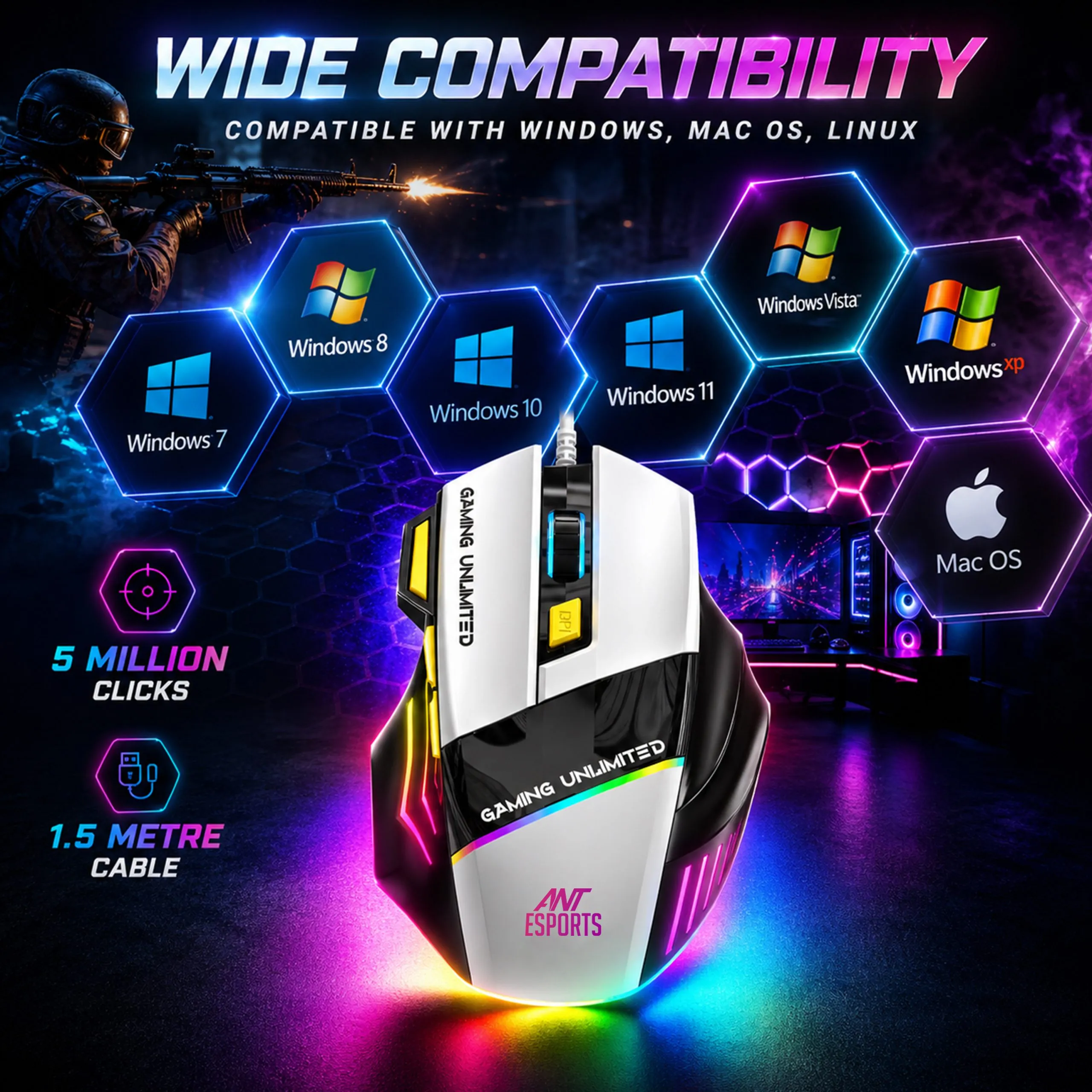 Ant Esports Wired Gaming Mouse RGB Strike10 White view 5